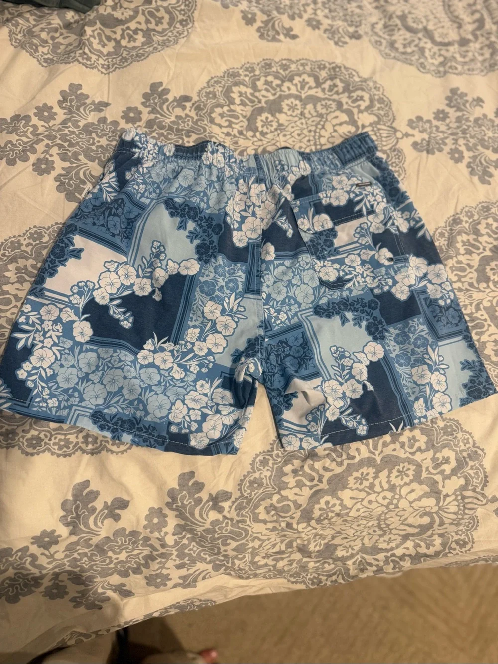 Blue Floral Patchwork Vintage Summer brand Drawstring Swim Shorts